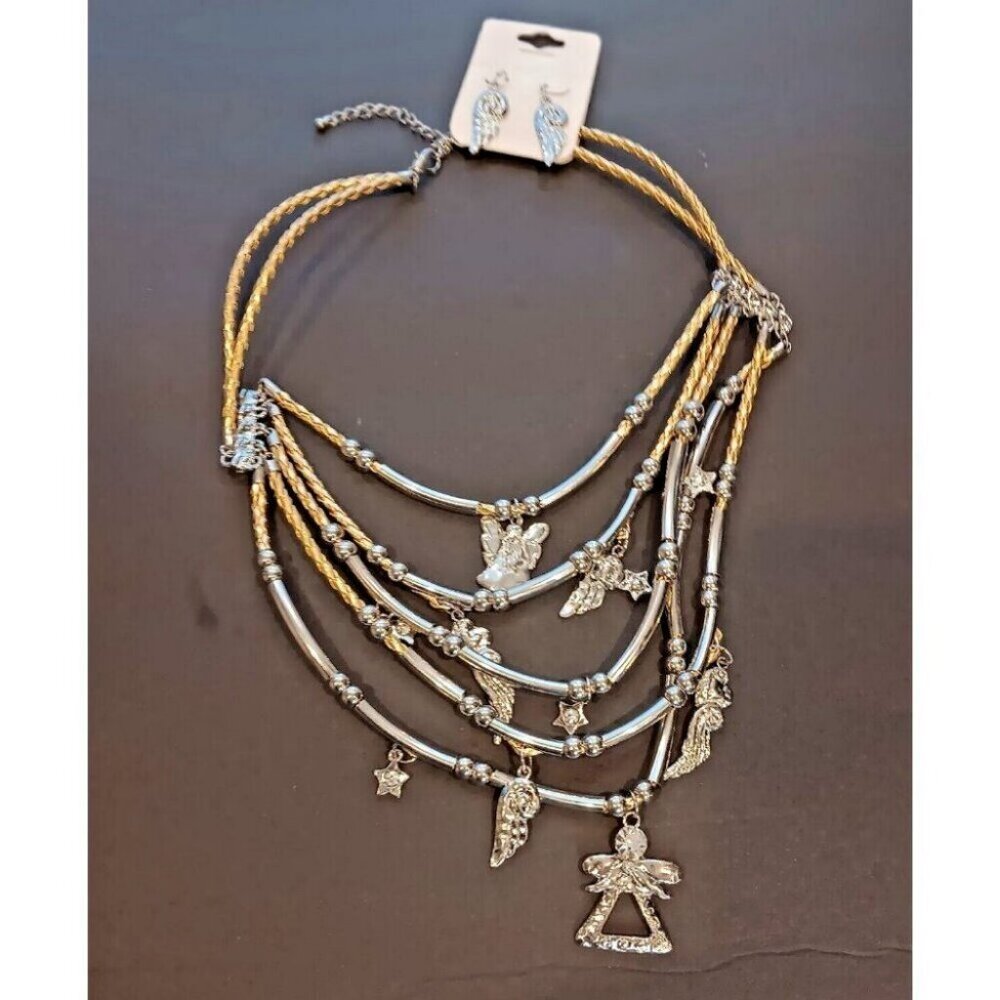 Womans Jewlery 2 Angel Necklace & Earrings Set Gold & Silver Color (Costume)‎